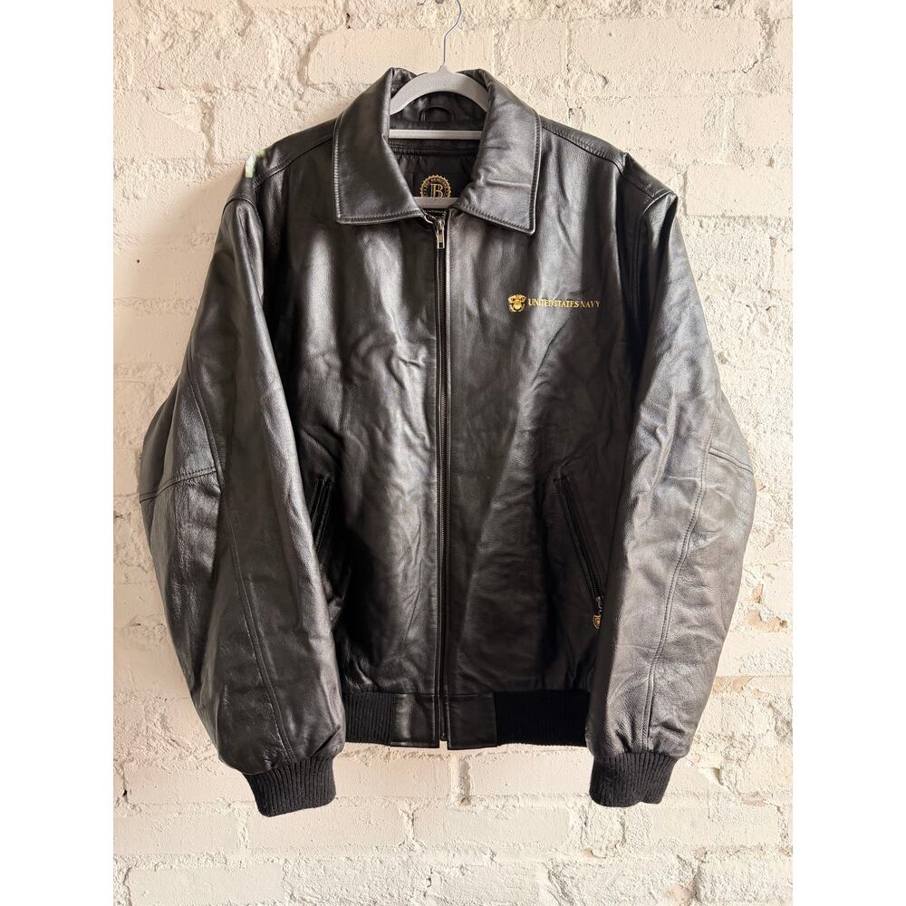 US Navy Leather Bomber Jacket XL Eagle Aircraft Carrier Back Graphic Liner